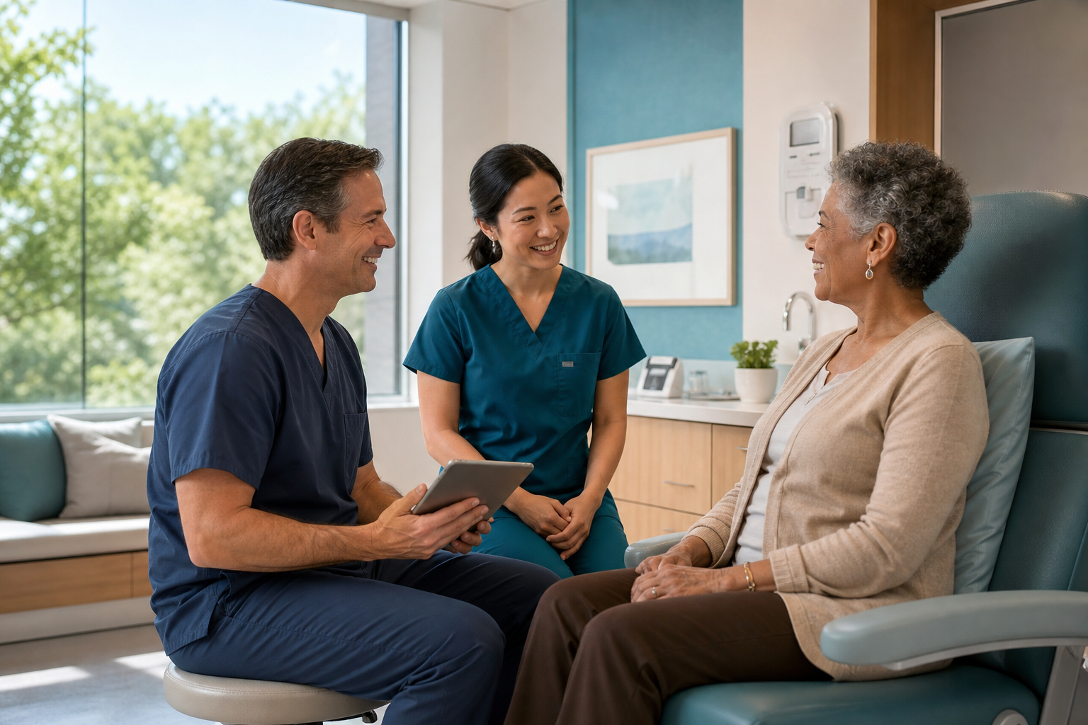 Wound care clinicians consulting with a patient in a clinic